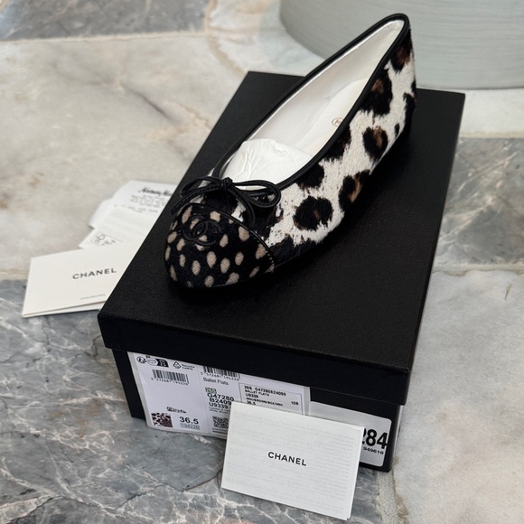 CHANEL Shoes - CHANEL Black, White & Brown Leopard Print Ballet Flats